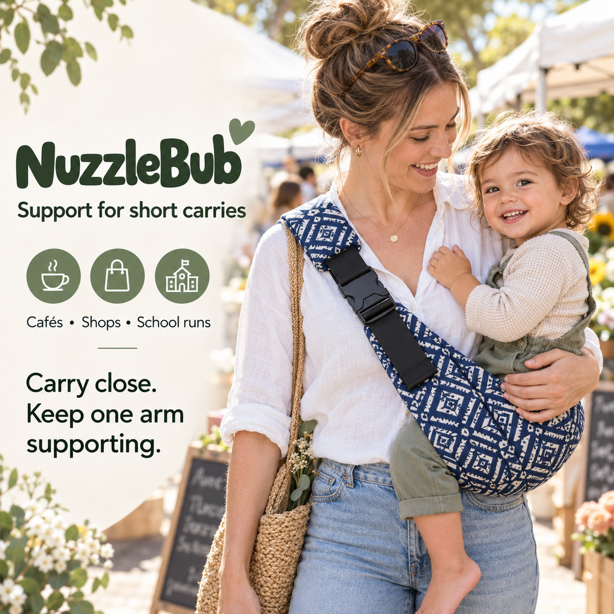 Parent supporting a toddler in the blue NuzzleBub Hip Sling at a market