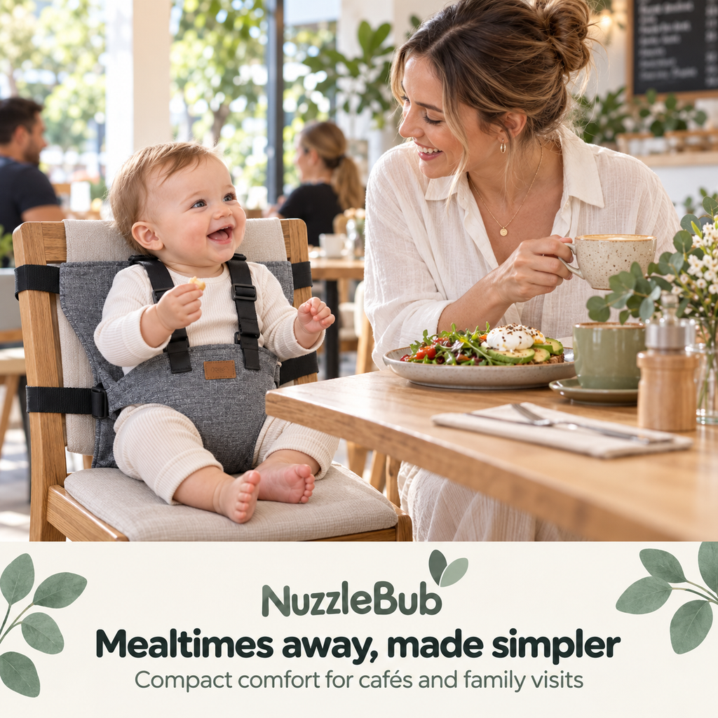 Parent and baby enjoying a cafe meal with the NuzzleBub Travel Chair Harness