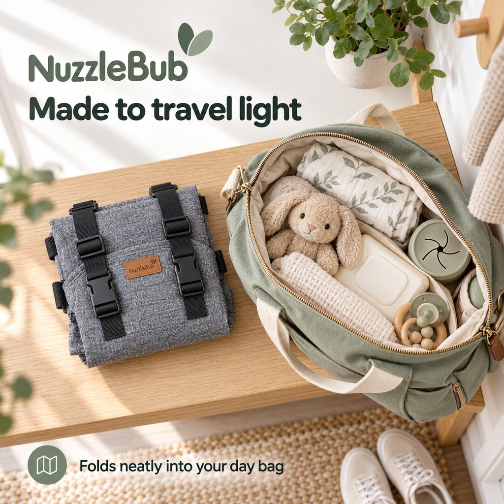 Folded NuzzleBub Travel Chair Harness beside a packed nappy bag
