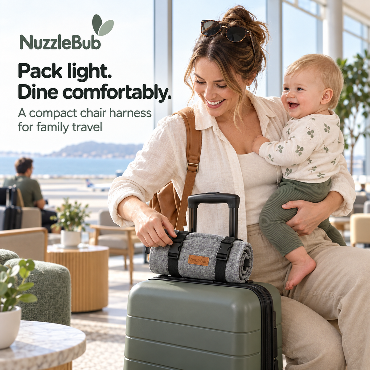 Parent carrying a baby with the folded NuzzleBub Travel Chair Harness attached to luggage