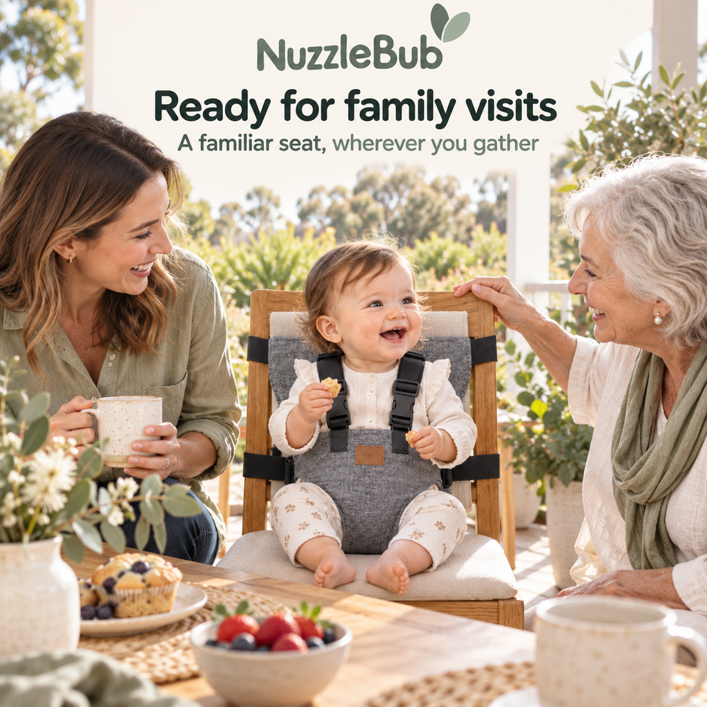 Baby seated in the NuzzleBub Travel Chair Harness during a family visit