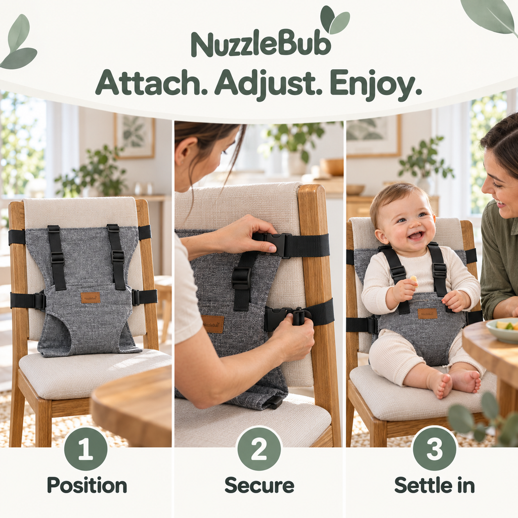 Three steps for positioning and securing the NuzzleBub Travel Chair Harness