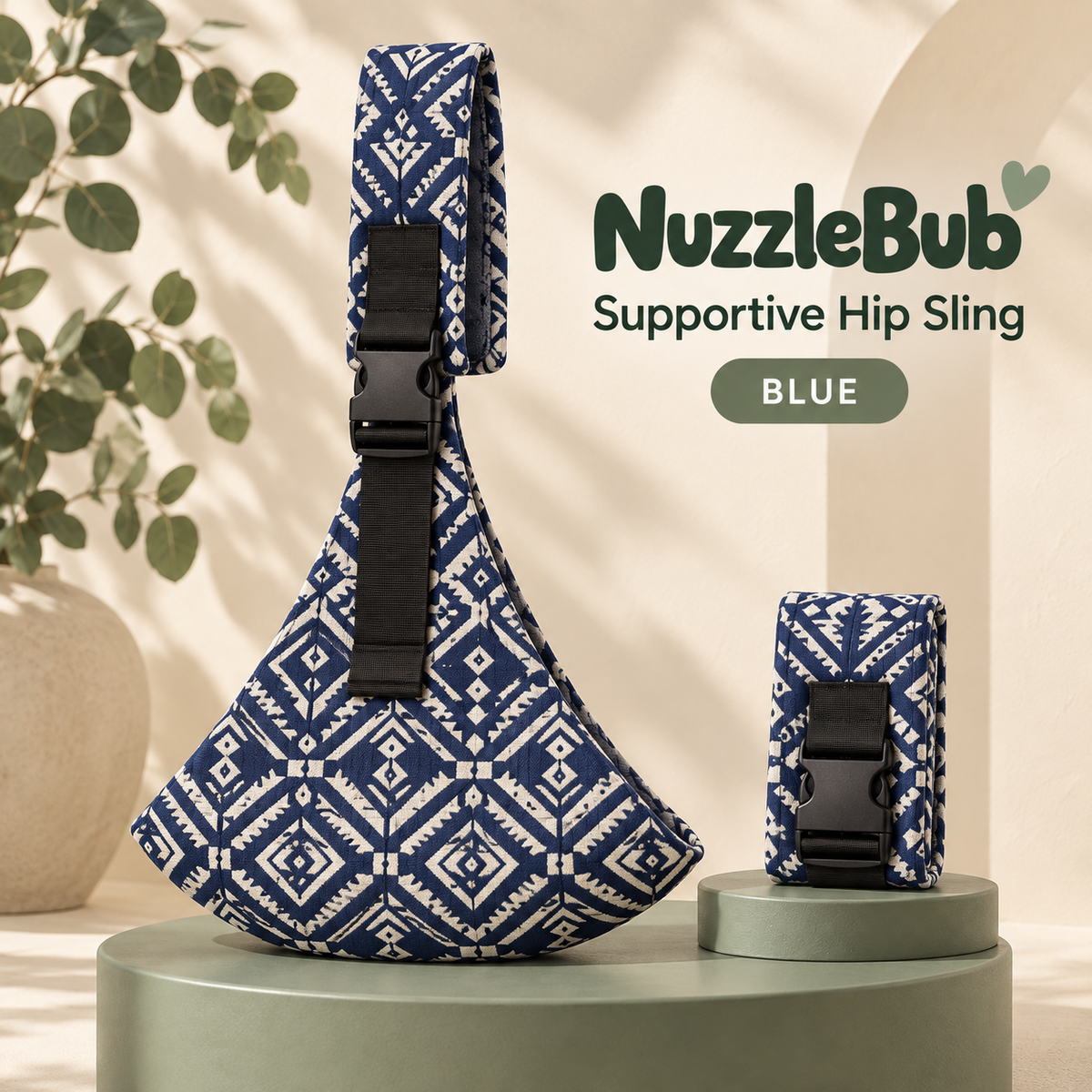 Blue geometric NuzzleBub Supportive Hip Sling product view