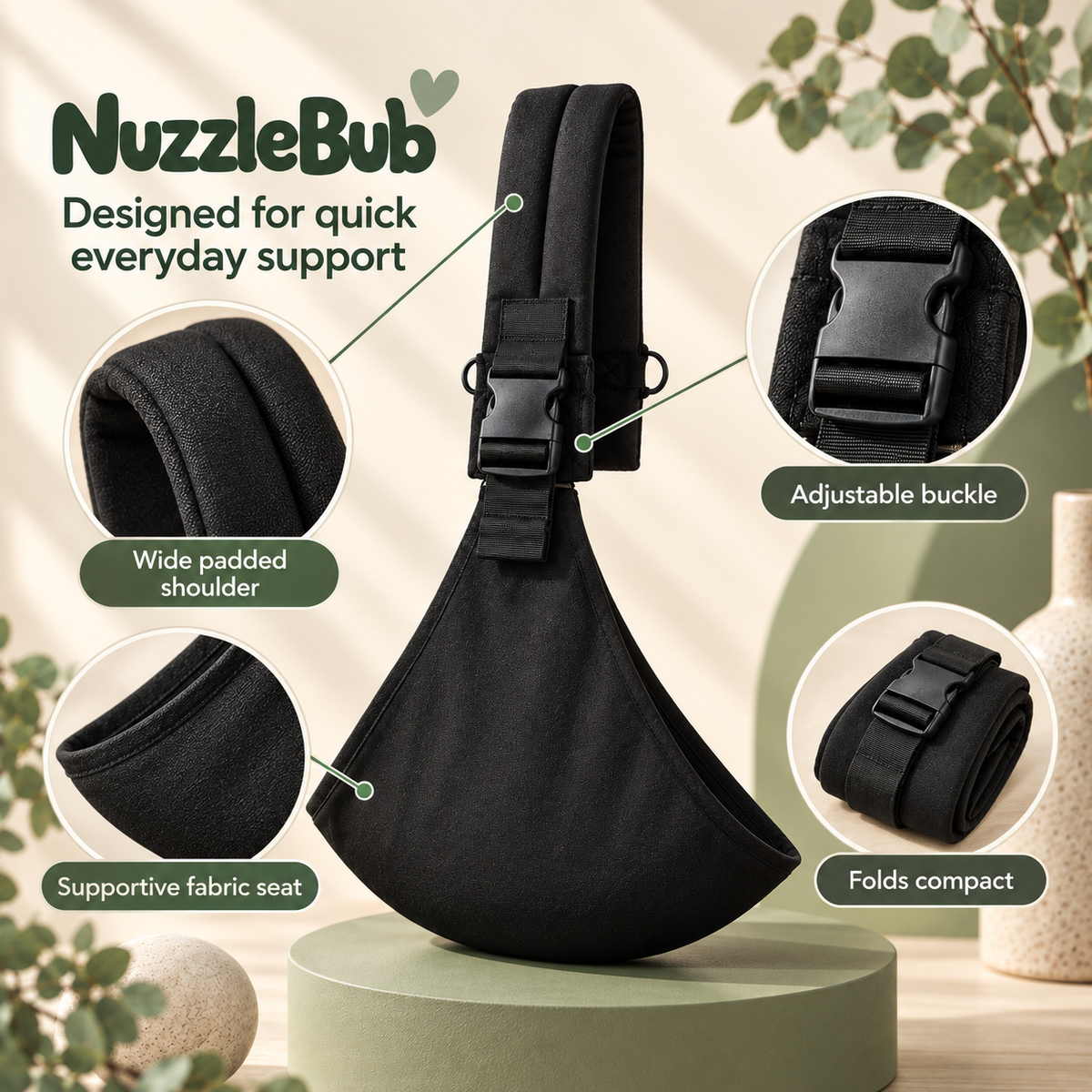 Feature details of the black NuzzleBub Supportive Hip Sling