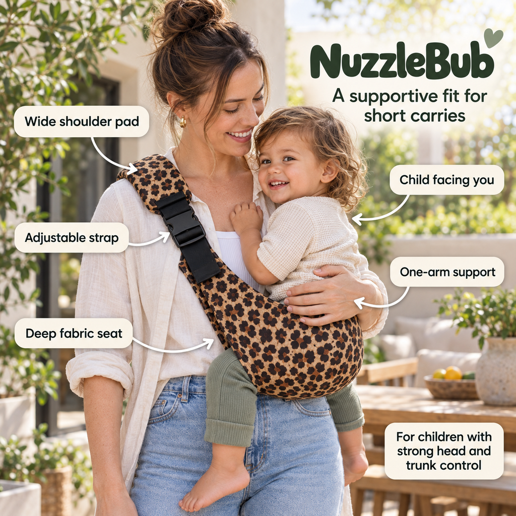 Safe-fit guidance for the leopard-print NuzzleBub Supportive Hip Sling