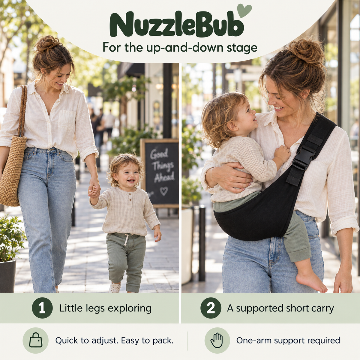 Walking toddler and supported short carry with the NuzzleBub Hip Sling