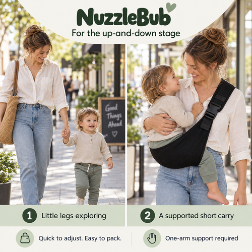 Walking toddler and supported short carry with the NuzzleBub Hip Sling
