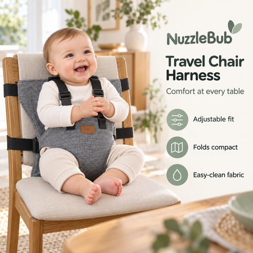 NuzzleBub Travel Chair Harness secured to a dining chair with a smiling baby